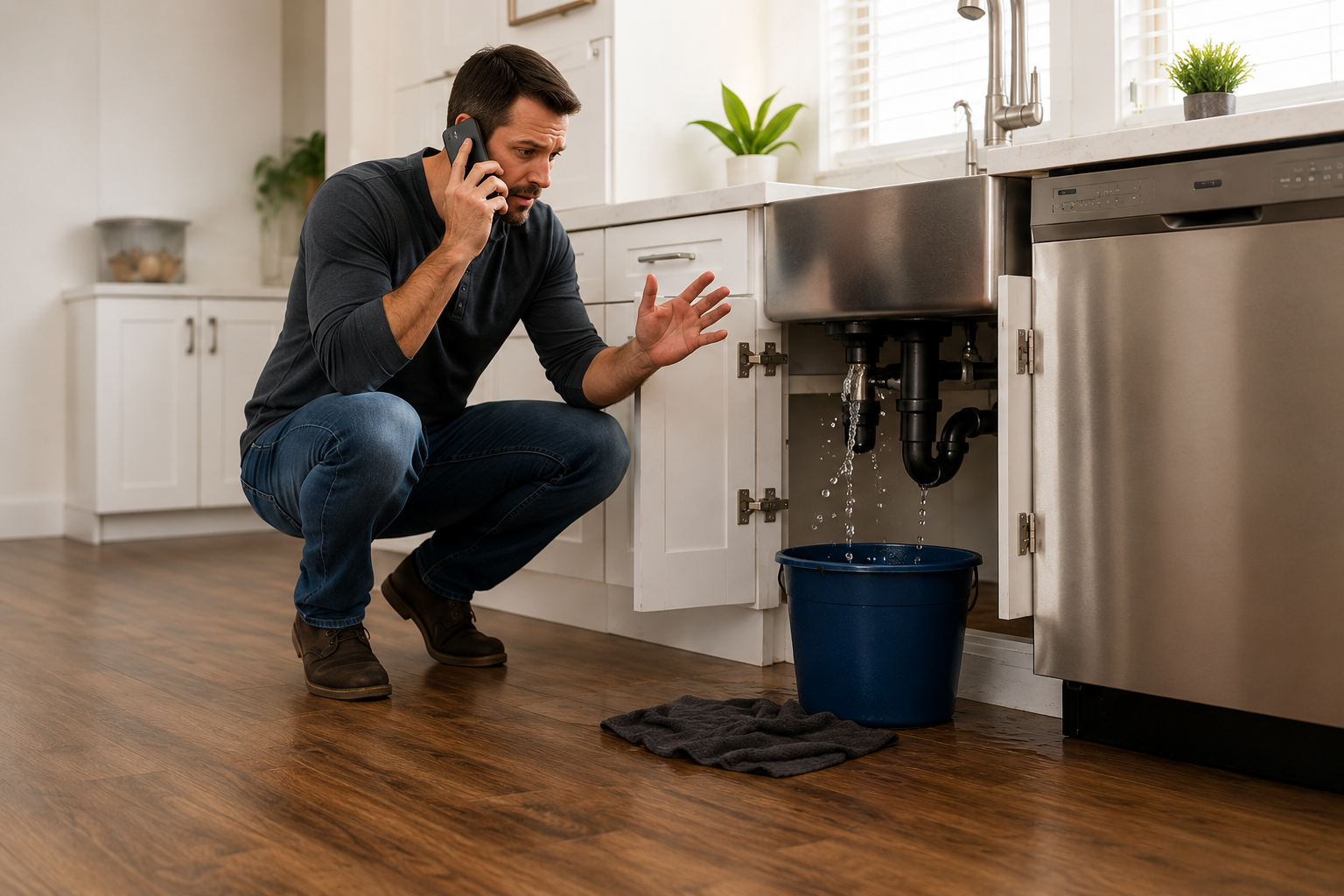 Homeowner checking a leaking under-sink pipe with a bucket catching water
