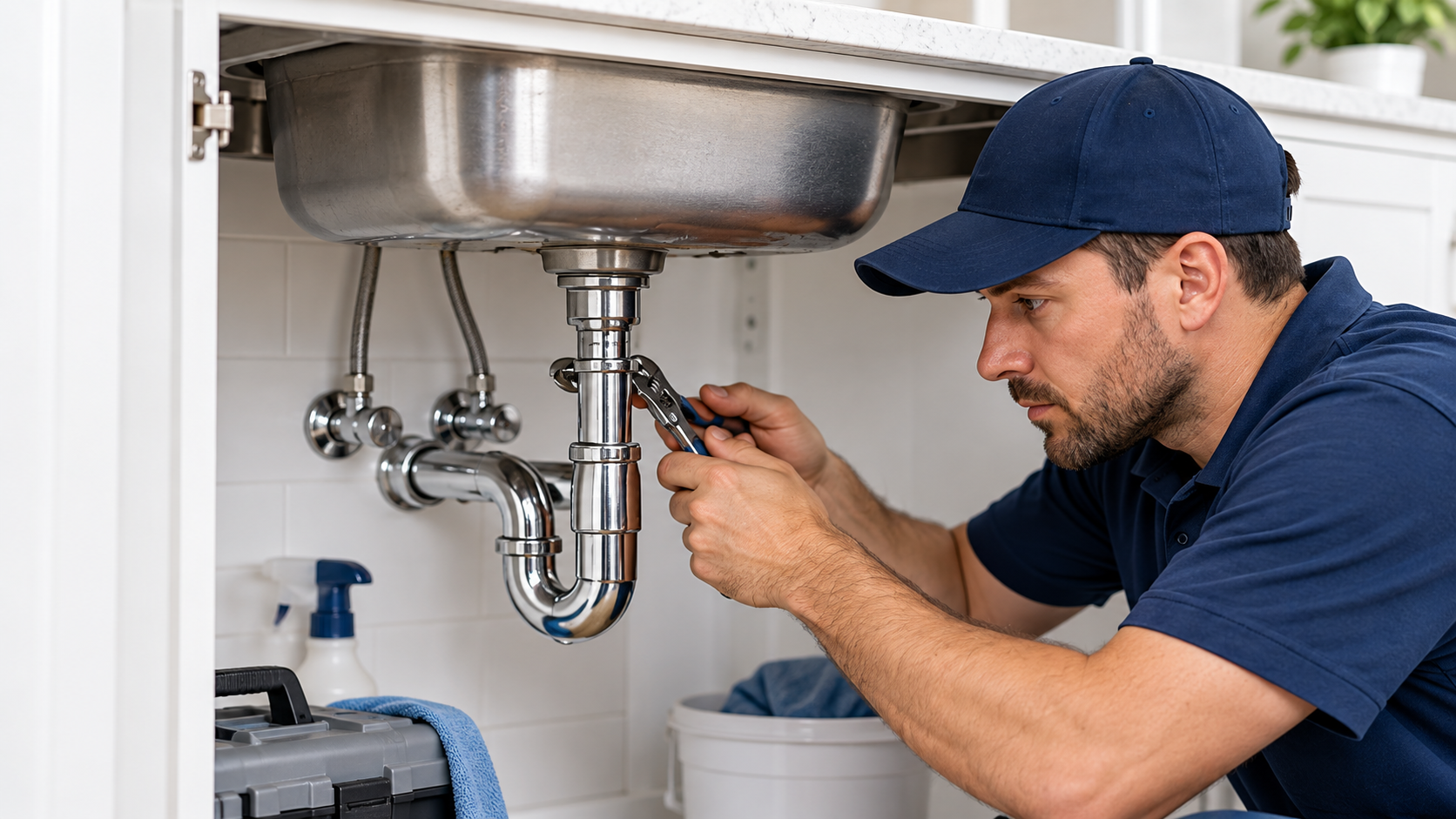 Plumbing professional assessing a residential sink drain