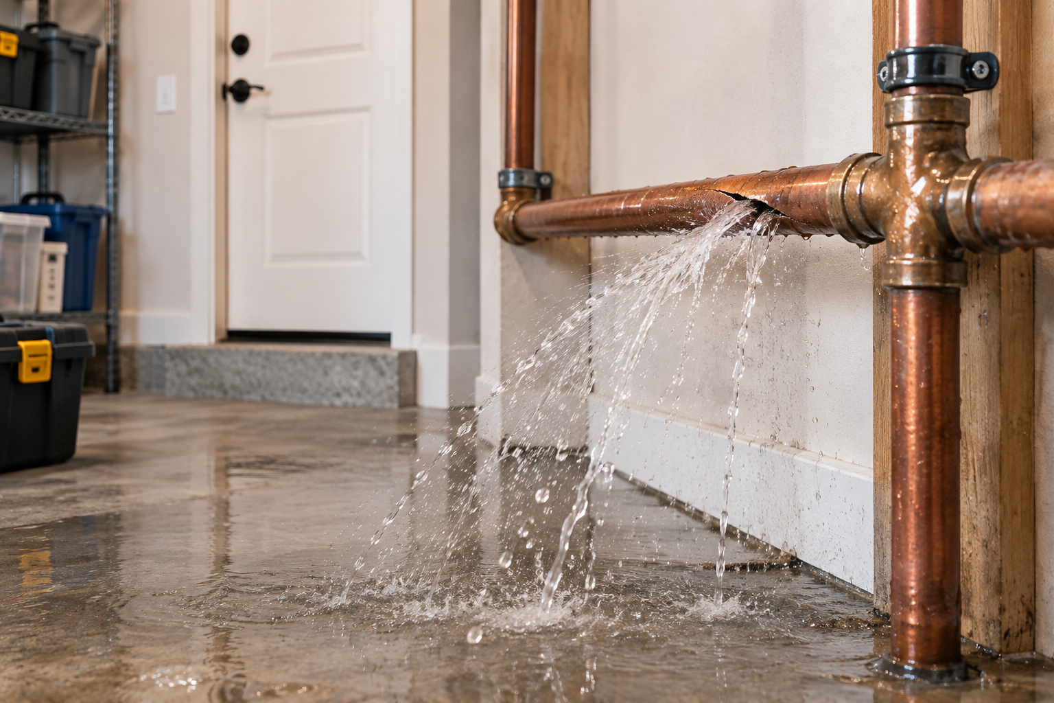 Burst residential pipe spraying water