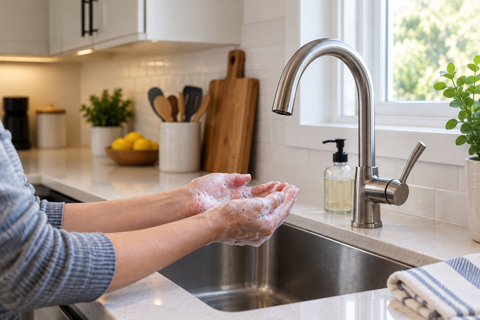 Kitchen faucet producing no water while soapy hands wait beneath it