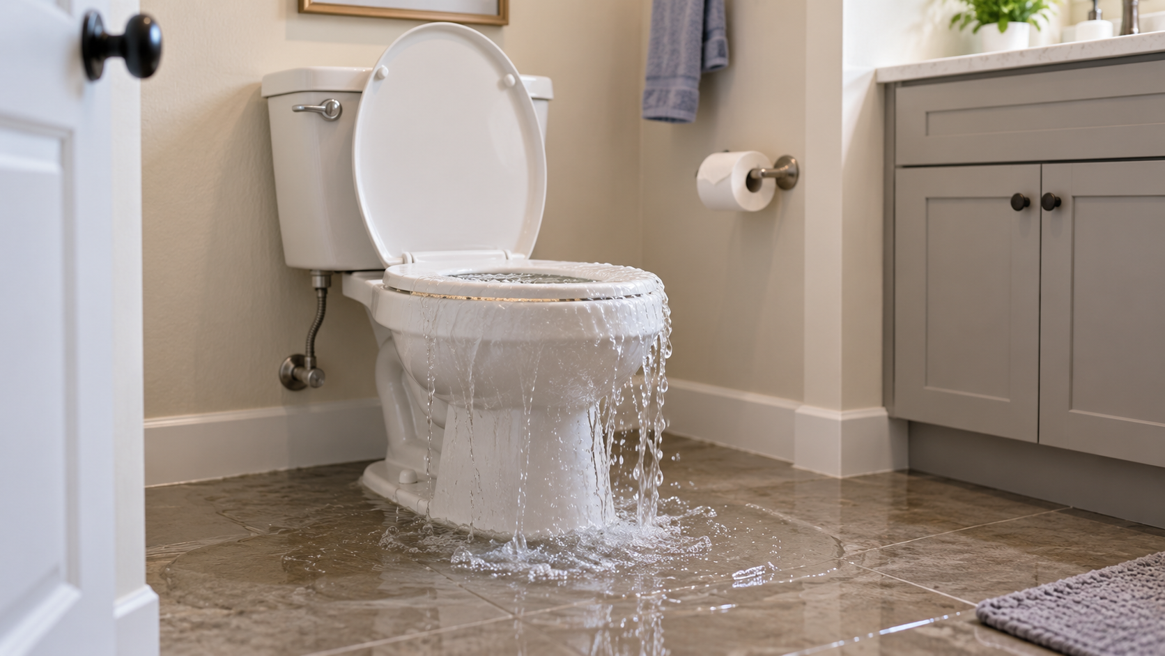Residential toilet overflowing with clear water