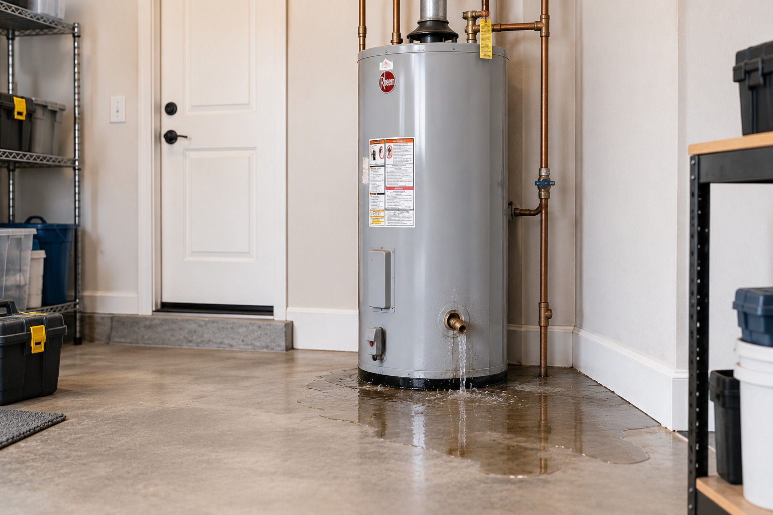 Residential water heater leaking and pooling water