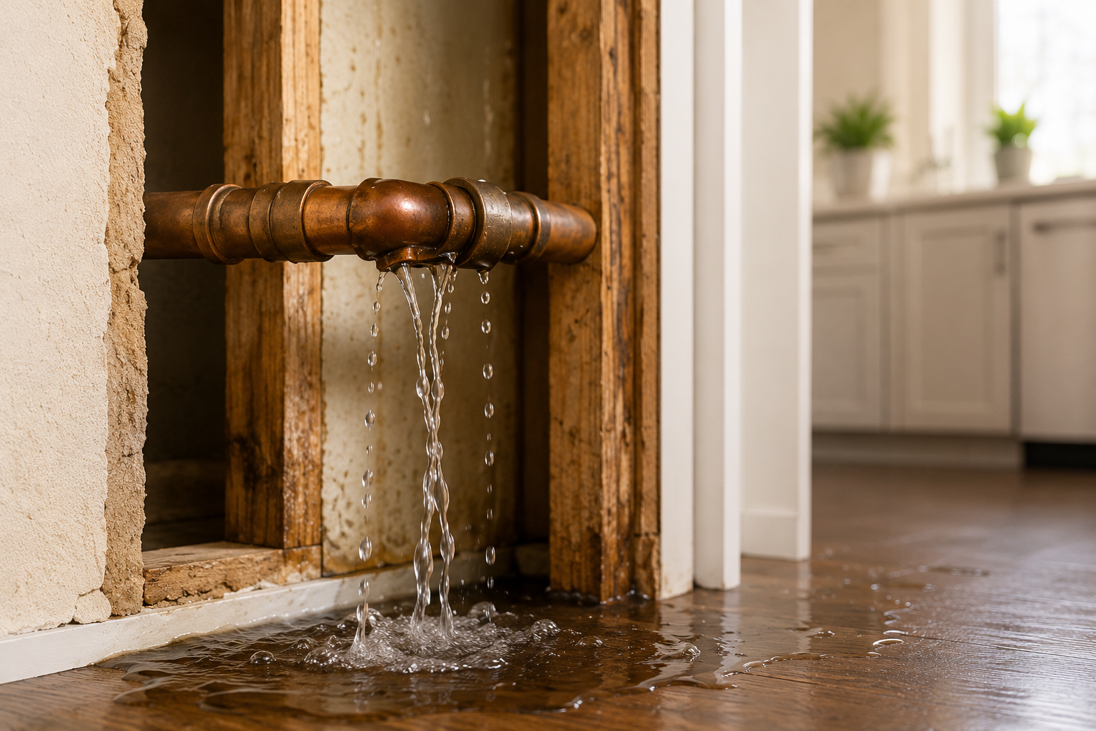 Water leaking from a plumbing pipe